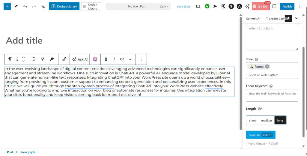 RankMath Content AI Interface in WordPress editor