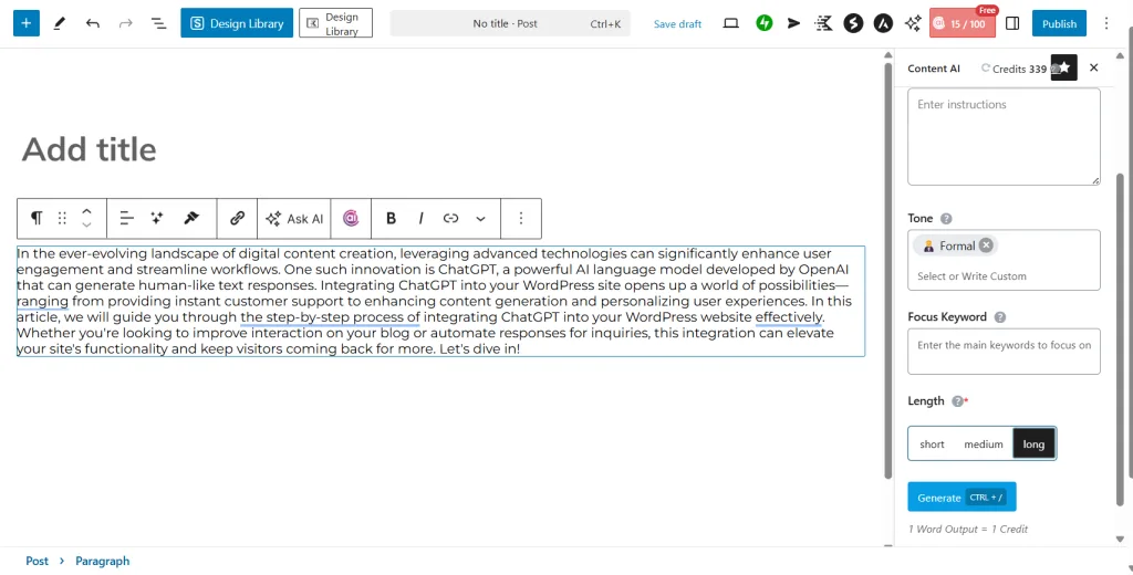 RankMath Content AI Interface in WordPress editor
