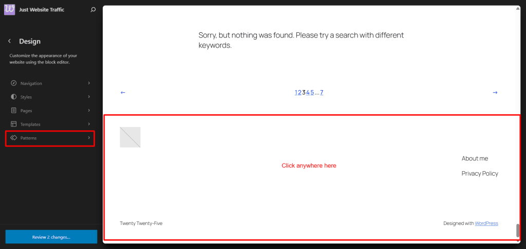 Site Editor screen - Footer section