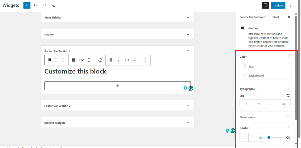 Widget customization sidebar panel