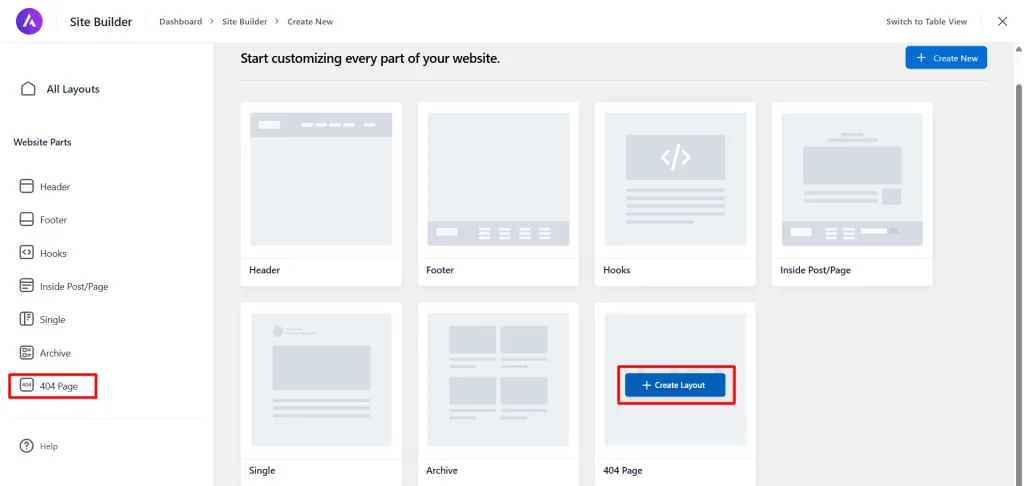 Astra Pro theme Site Builder Layout Screen