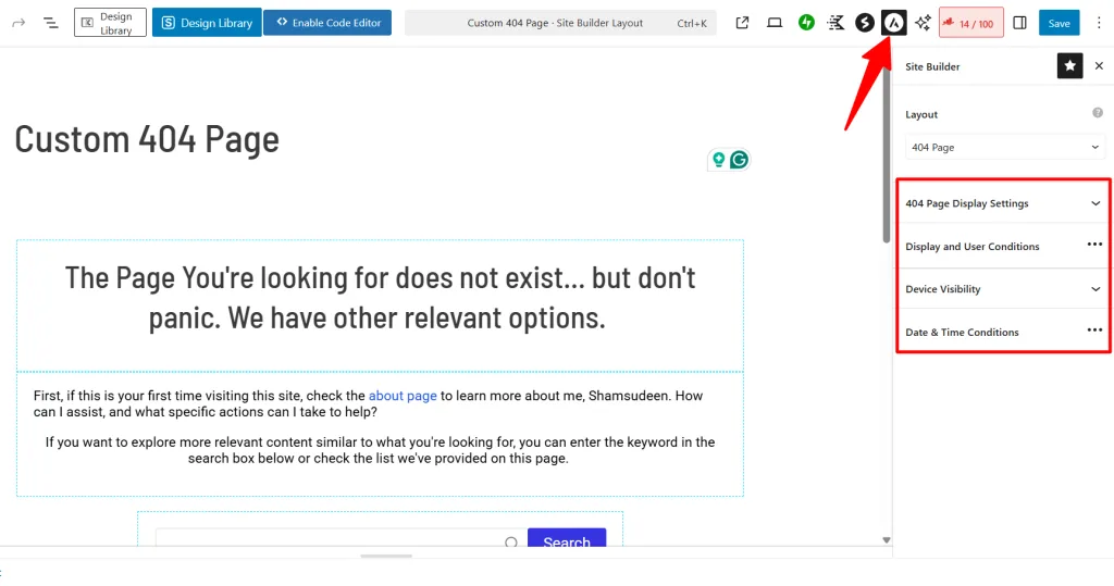 Astra Site Builder 404 page setting
