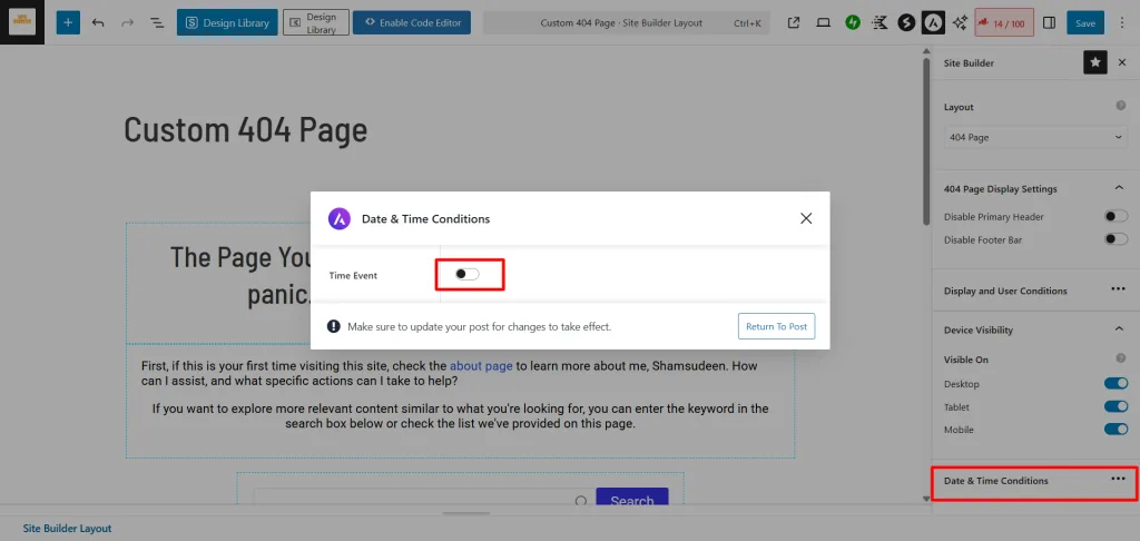 Date and time setting for custom 404 page in Astra theme