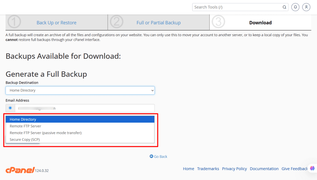 Final step - Backup Wizard in cPanel
