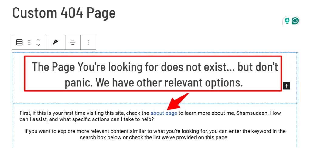 Information on the 404 error page