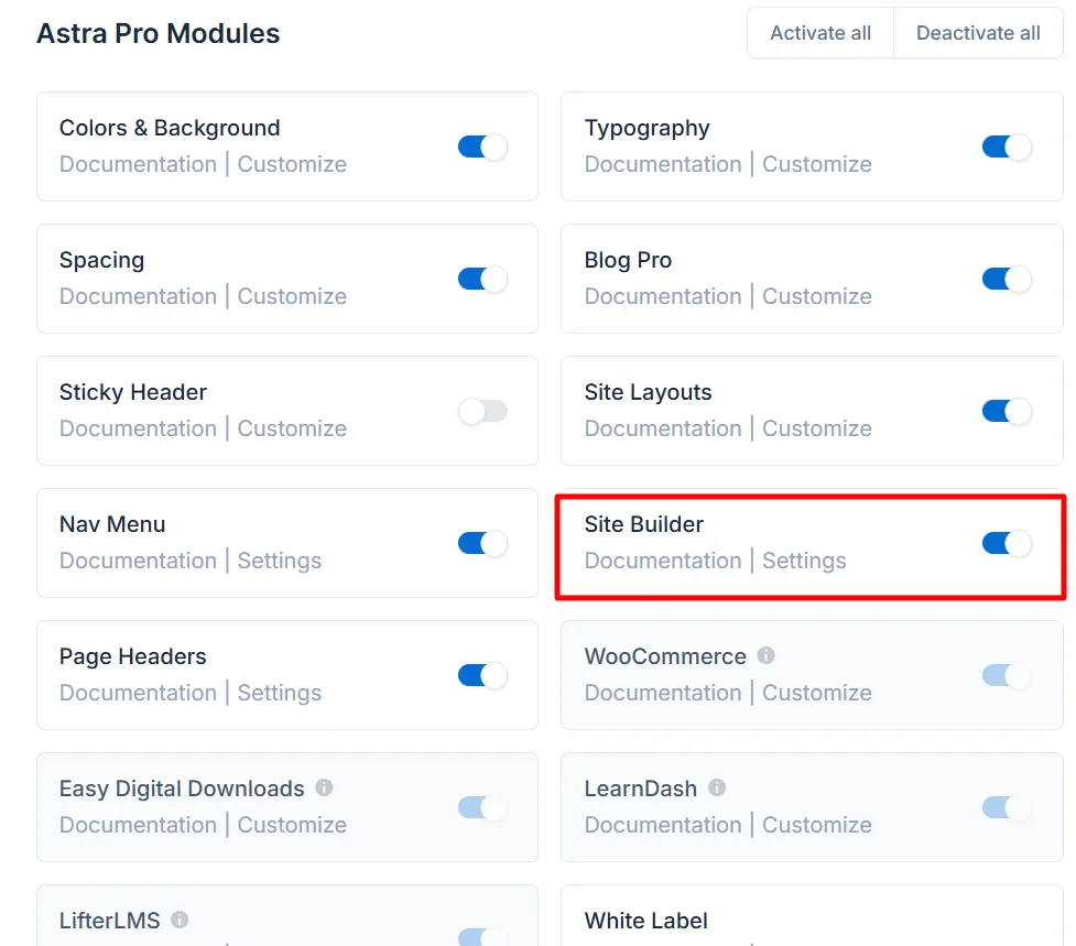 Site Builder Module in Astra Pro theme
