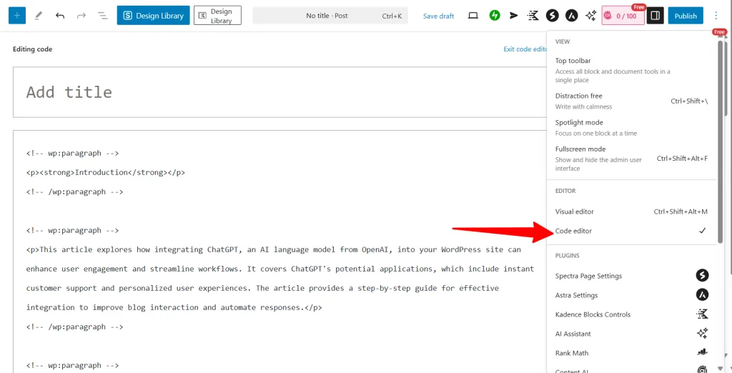 Switching to Code Editor button in Gutenberg Switching to Code Editor button in Gutenberg