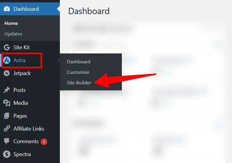 WordPress dashboard with Astra Site Builder link