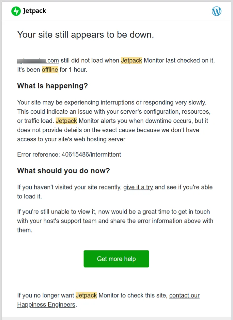 Jetpack Monitor downtime alert email notifying the site owner that their WordPress site has been offline for one hour.