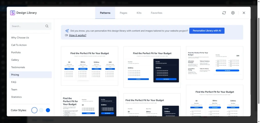 Astra theme design library displaying various pricing table patterns and block templates.