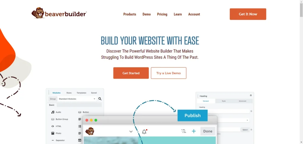 Beaver Builder homepage featuring a laptop illustration and interface modules for building WordPress websites.