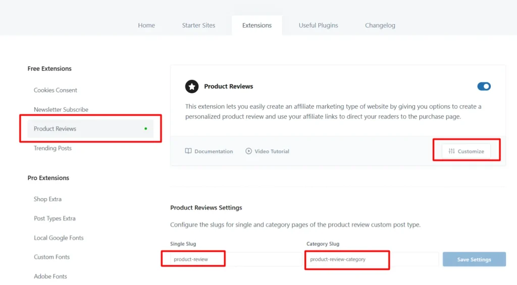 Blocksy theme extensions dashboard featuring product reviews settings for configuring single and category URL slugs.