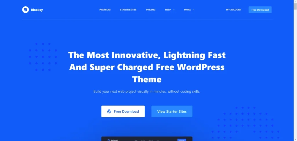 Blocksy theme homepage featuring a blue background with a call to action for downloading the free WordPress theme.