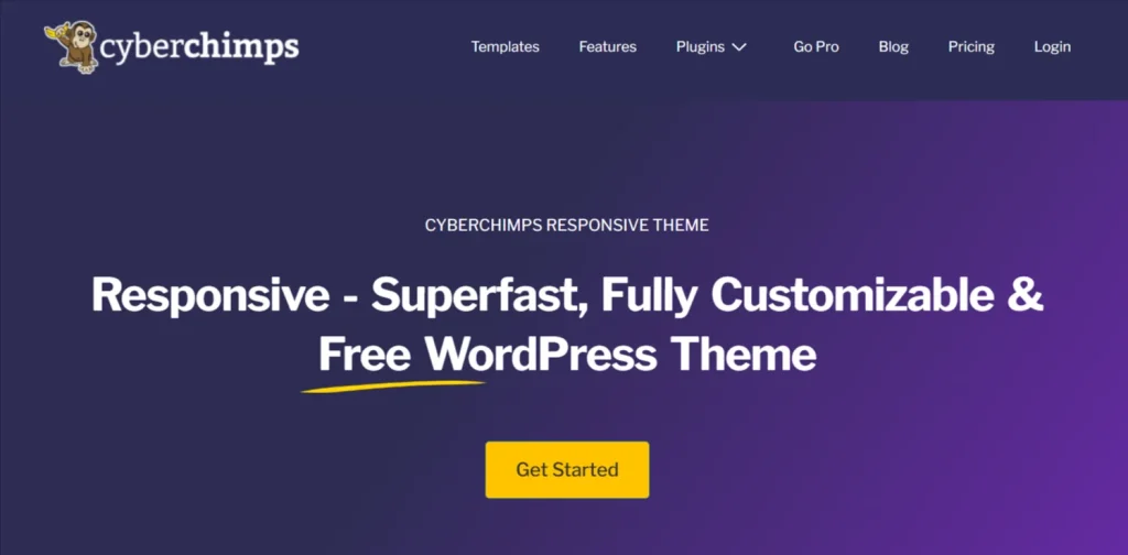 CyberChimps landing page featuring a purple background with a call to action for their responsive free WordPress theme.