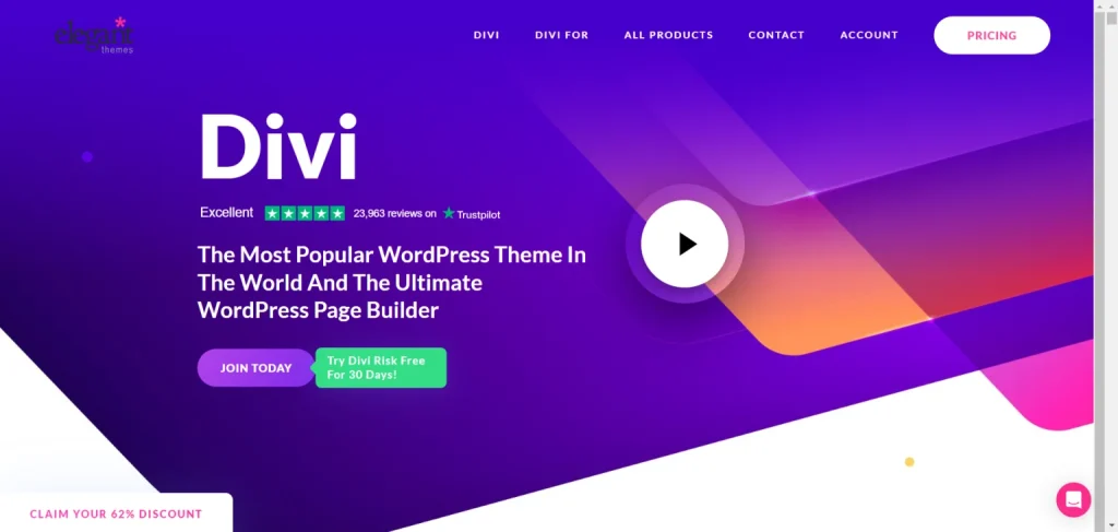 Divi theme homepage featuring a purple and orange background with a call to action to join.