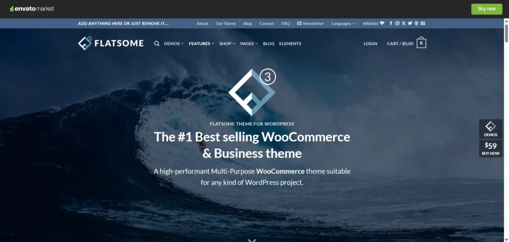 Flatsome theme landing page on Envato Market featuring a large ocean wave background and WooCommerce branding.