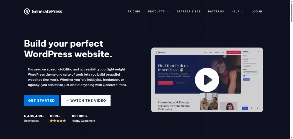 GeneratePress homepage featuring a dark background with a call to action for their lightweight WordPress theme and site library.