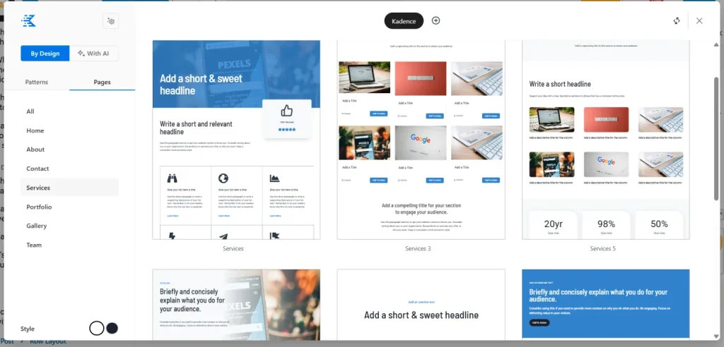 Kadence theme design library displaying services page layouts and block patterns.