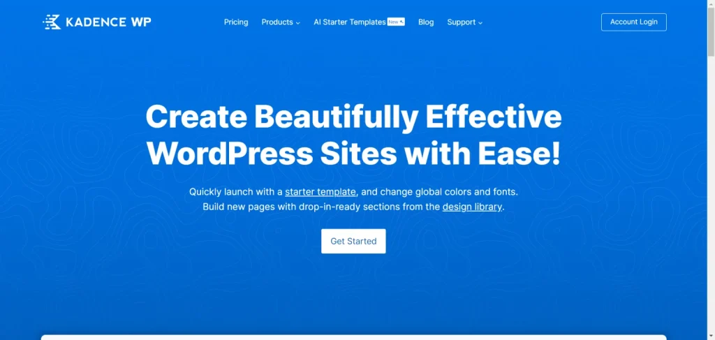 Kadence WP landing page featuring a blue background with a call to action for building WordPress sites.