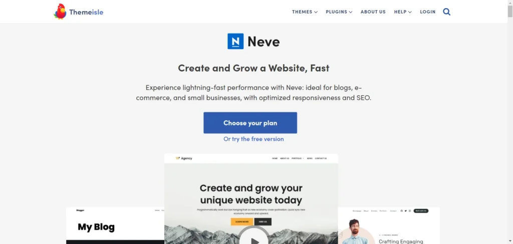 Neve theme landing page featuring the Themeisle logo and a call to action to choose a plan.