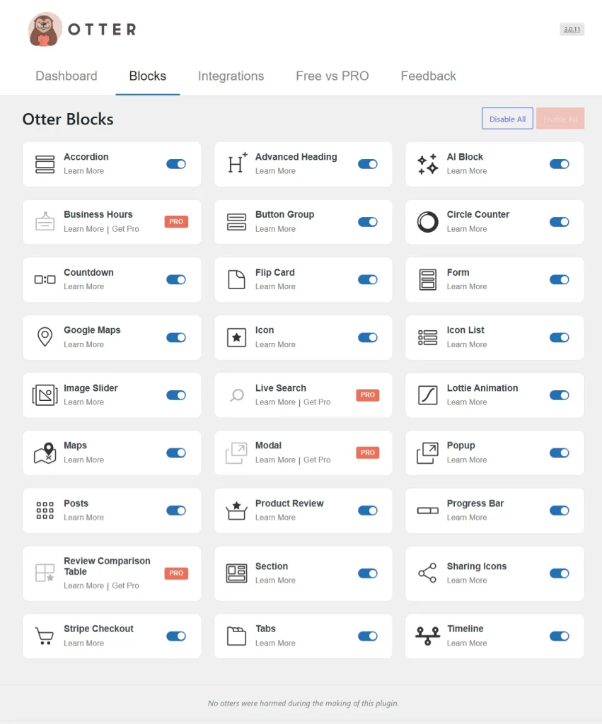 Otter Blocks dashboard displaying a grid of enabled Gutenberg blocks including Accordion, Maps, and Progress Bar.