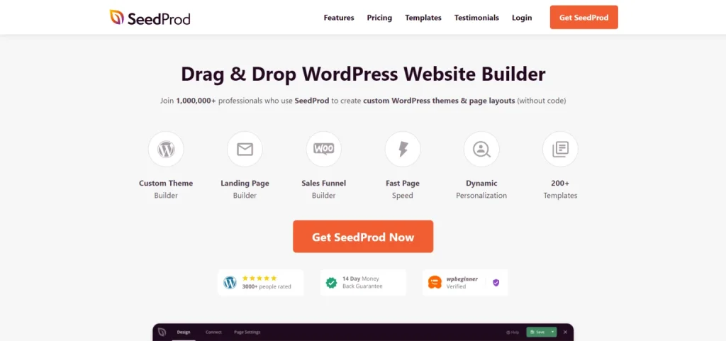 SeedProd landing page featuring a drag and drop WordPress website builder with icons for theme building, landing pages, and sales funnels.