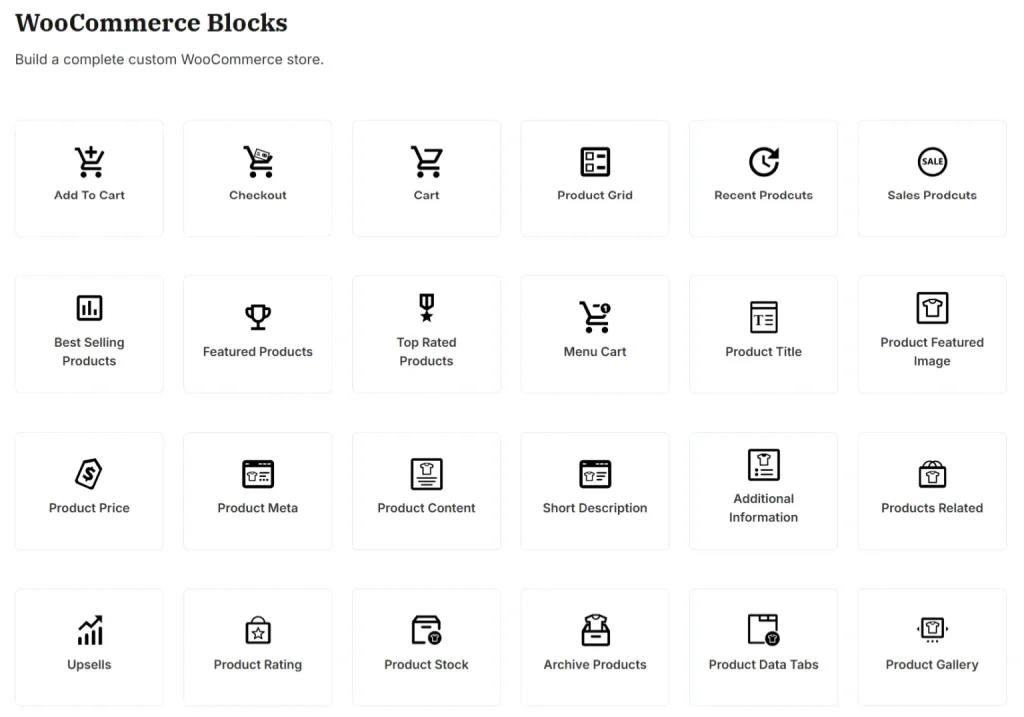 SeedProd WooCommerce block library showing icons for checkout, products, cart, and shop elements.