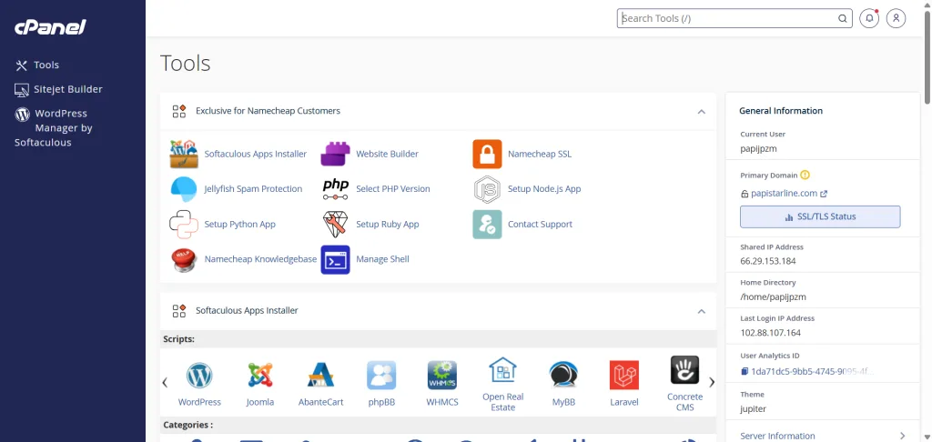 cPanel interface example A screenshot of the Namecheap cPanel dashboard, showing the "Tools" section. The interface features a dark blue sidebar with links for "Tools," "Sitejet Builder," and "WordPress Manager by Softaculous". The main area displays an "Exclusive for Namecheap Customers" section with icons for Softaculous Apps Installer, Website Builder, Namecheap SSL, and Contact Support. Below this, the "Softaculous Apps Installer" scripts section shows icons for WordPress, Joomla, and Laravel. A sidebar on the right provides "General Information" such as the current user, primary domain, and shared IP address.