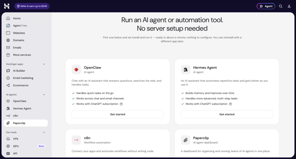 hostinger ai agent and automation tools dashboard Hostinger AI agent and automation tools dashboard showing OpenClaw Hermes Agent n8n and Paperclip setup cards.