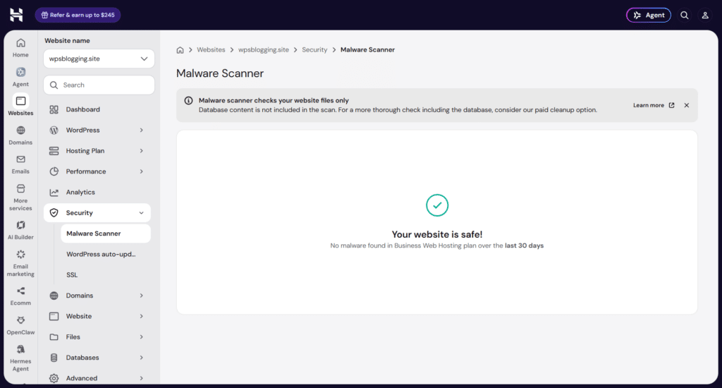 hostinger hpanel security malware scanner dashboard Hostinger hPanel malware scanner dashboard displaying safe website status notification.