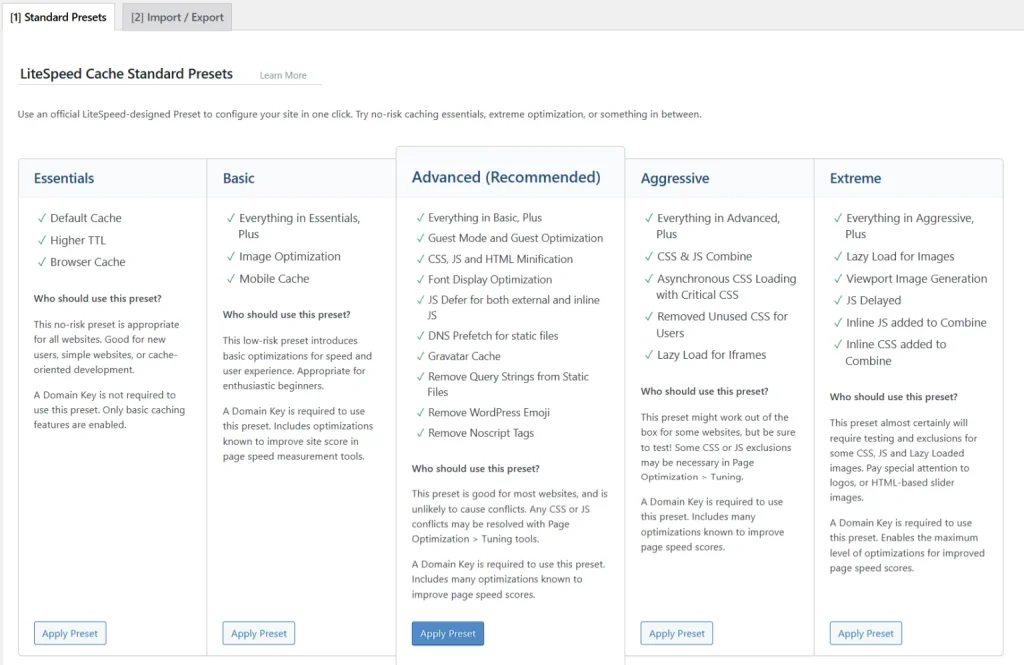 LiteSpeed Cache standard presets dashboard displaying Essentials, Basic, Advanced, Aggressive, and Extreme optimization levels.