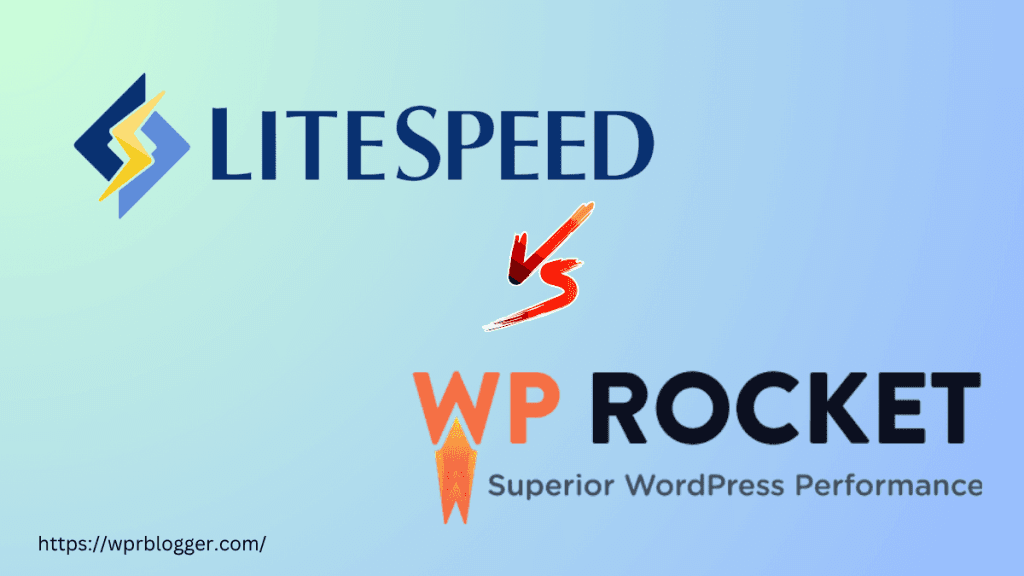 Graphic illustration comparing LiteSpeed Cache versus WP Rocket on a light blue gradient background.