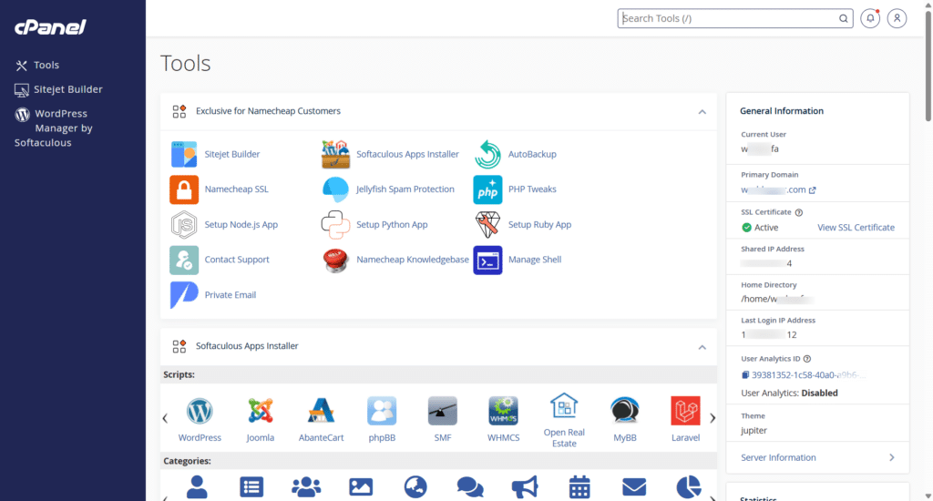 Namecheap cPanel tools dashboard showing exclusive applications softaculous app installer and general server information.