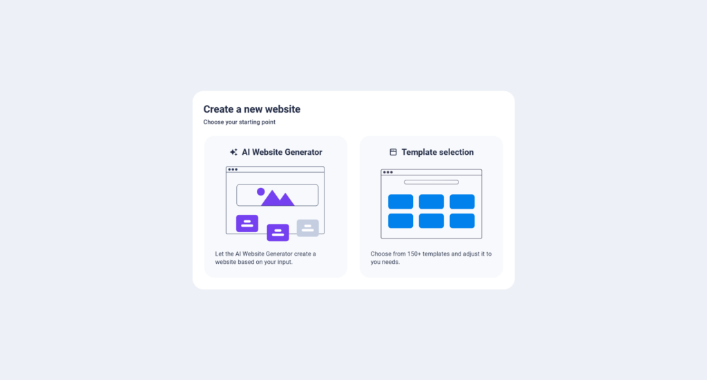 Create a new website setup modal offering AI Website Generator and Template selection options.