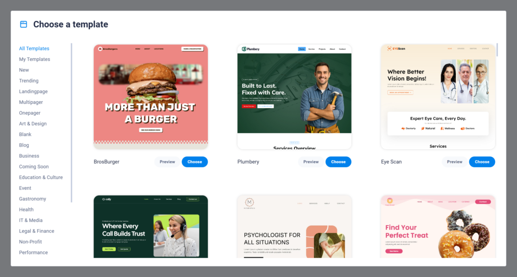 Sitejet Builder choose a template dashboard showing categories and website design previews.