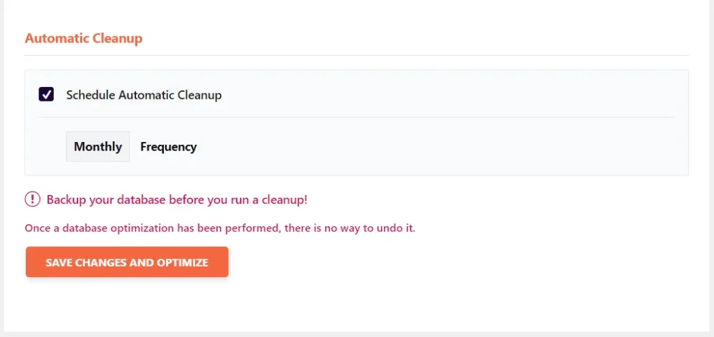 WP Rocket automatic cleanup settings interface for scheduling monthly WordPress database optimization.