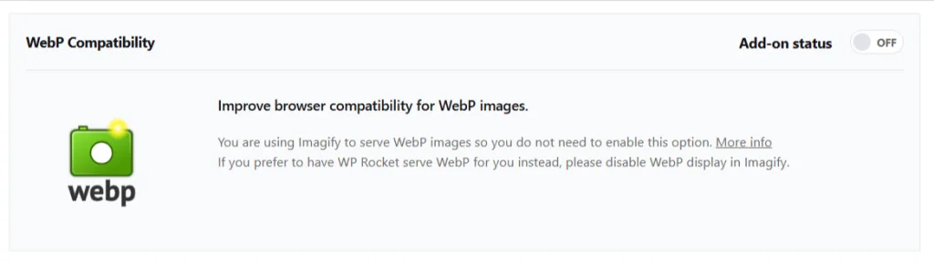 WP Rocket WebP image compatibility add on tab WP Rocket WebP image compatibility add-on tab
