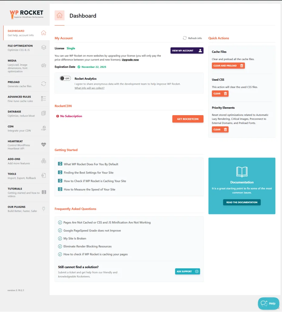 WP Rocket dashboard full view WP Rocket dashboard full view