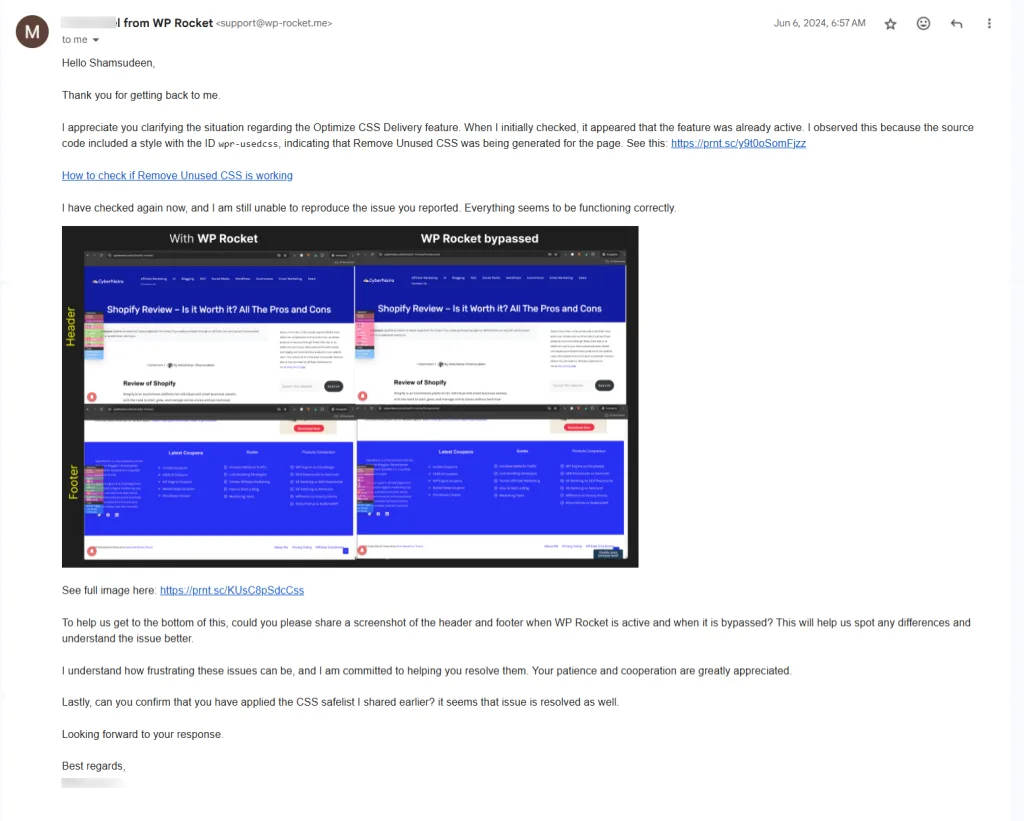 WP Rocket support rep conversation via Gmail WP Rocket support rep conversation via Gmail