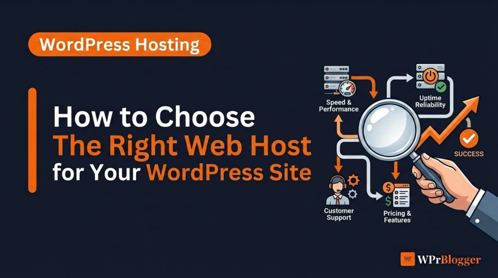 How to choose the right web host for your WordPress site banner graphic showing speed performance customer support and pricing factors.