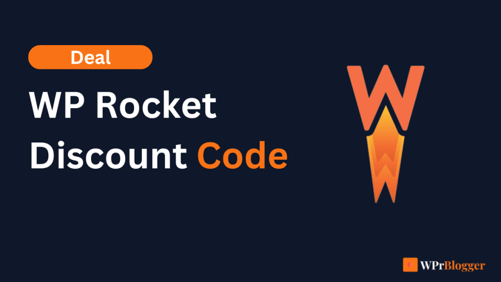 Dark blue banner featuring the text "WP Rocket Discount Code" next to a stylized orange rocket icon and the WPrBlogger logo.