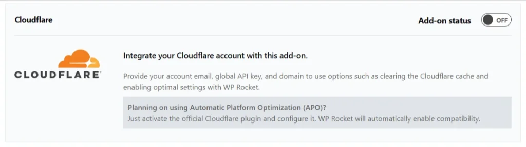 Cloudflare add-on settings in WP Rocket for integrating accounts and enabling Automatic Platform Optimization.