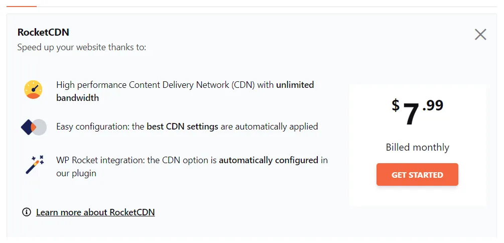 RocketCDN pricing page showcasing features like unlimited bandwidth and WP Rocket integration for 7.99 dollars monthly.