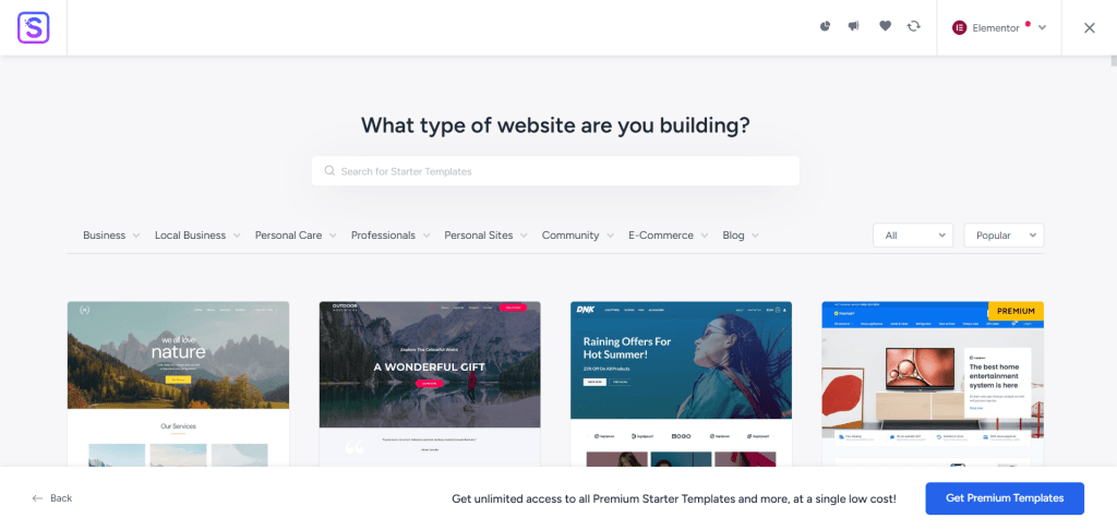 Astra Starter Templates selection page in WordPress admin