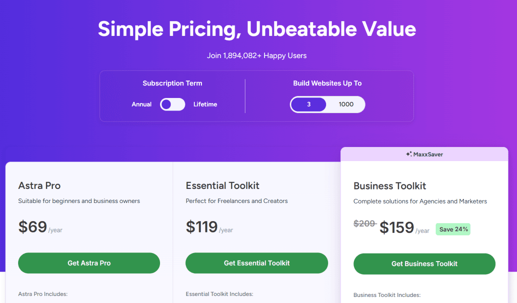 Astra theme pricing page