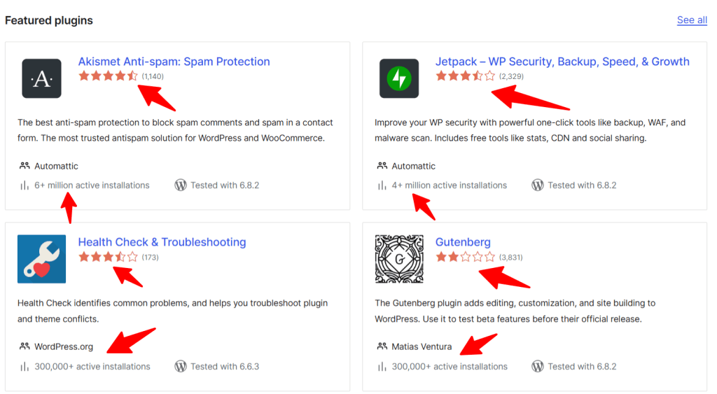 List of WordPress plugins with user review ratings and active download counts