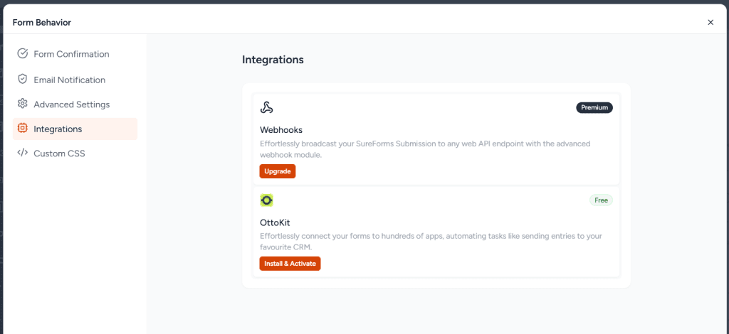 SureForms Integration setting page