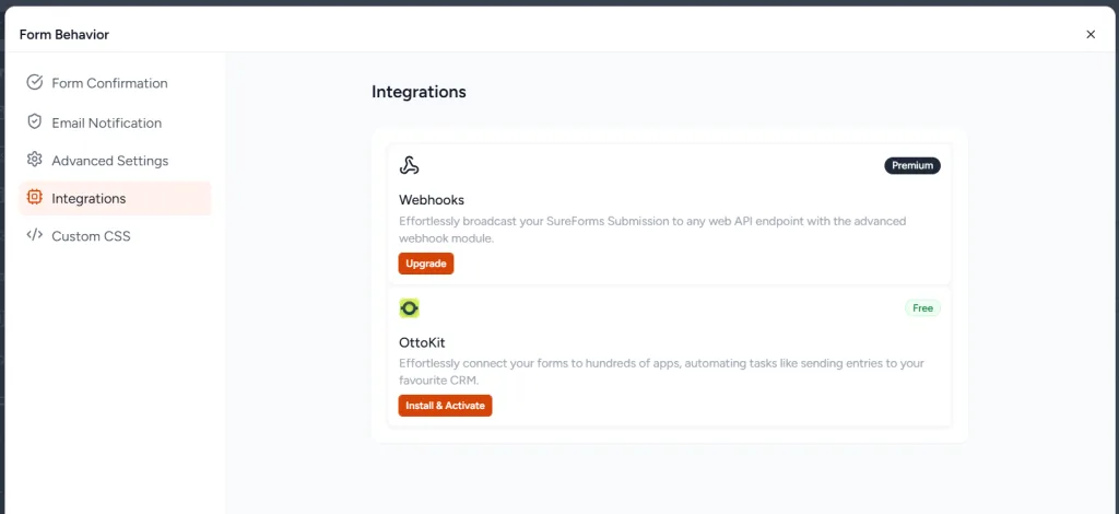SureForms Integration setting page