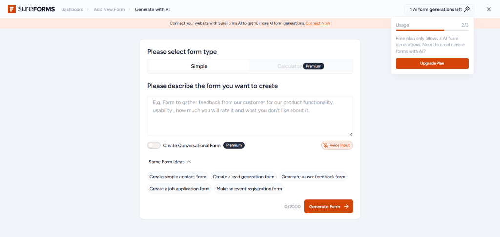 SureForms AI Prompt page to generate form