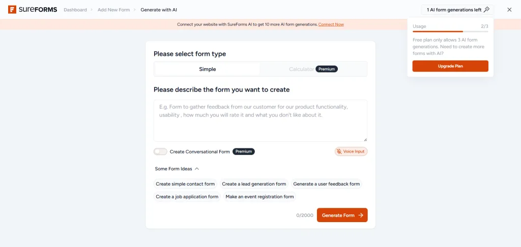 SureForms AI Prompt page to generate form